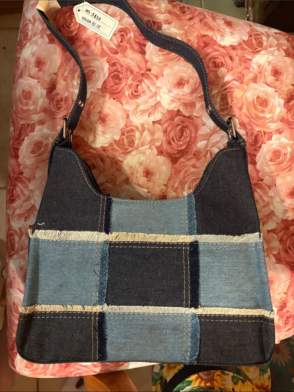 Denim Patchwork Shoulder Bag in Two-Tone Blue